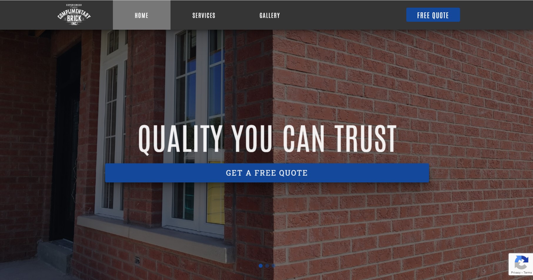 A red brick wall makes up the background image of this construction website. Large text in the middle of the image says 'Quality You Can Trust' with a large blue button underneath it.