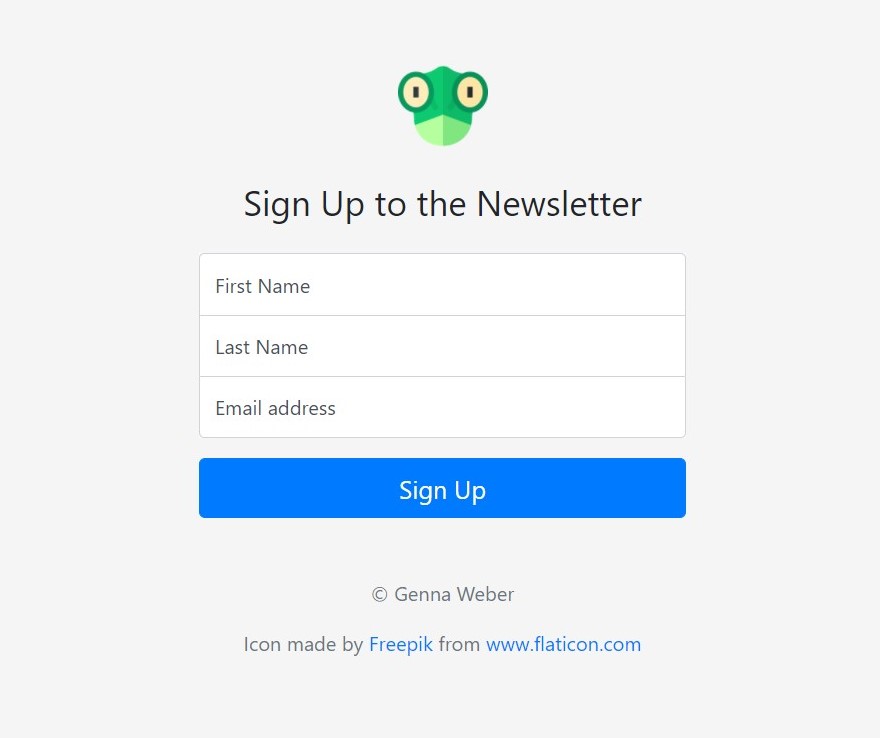 A white background with a 3-field form centered in the middle. On top of the form is a frog illustration. A large blue button at the bottom says 'Sign Up'