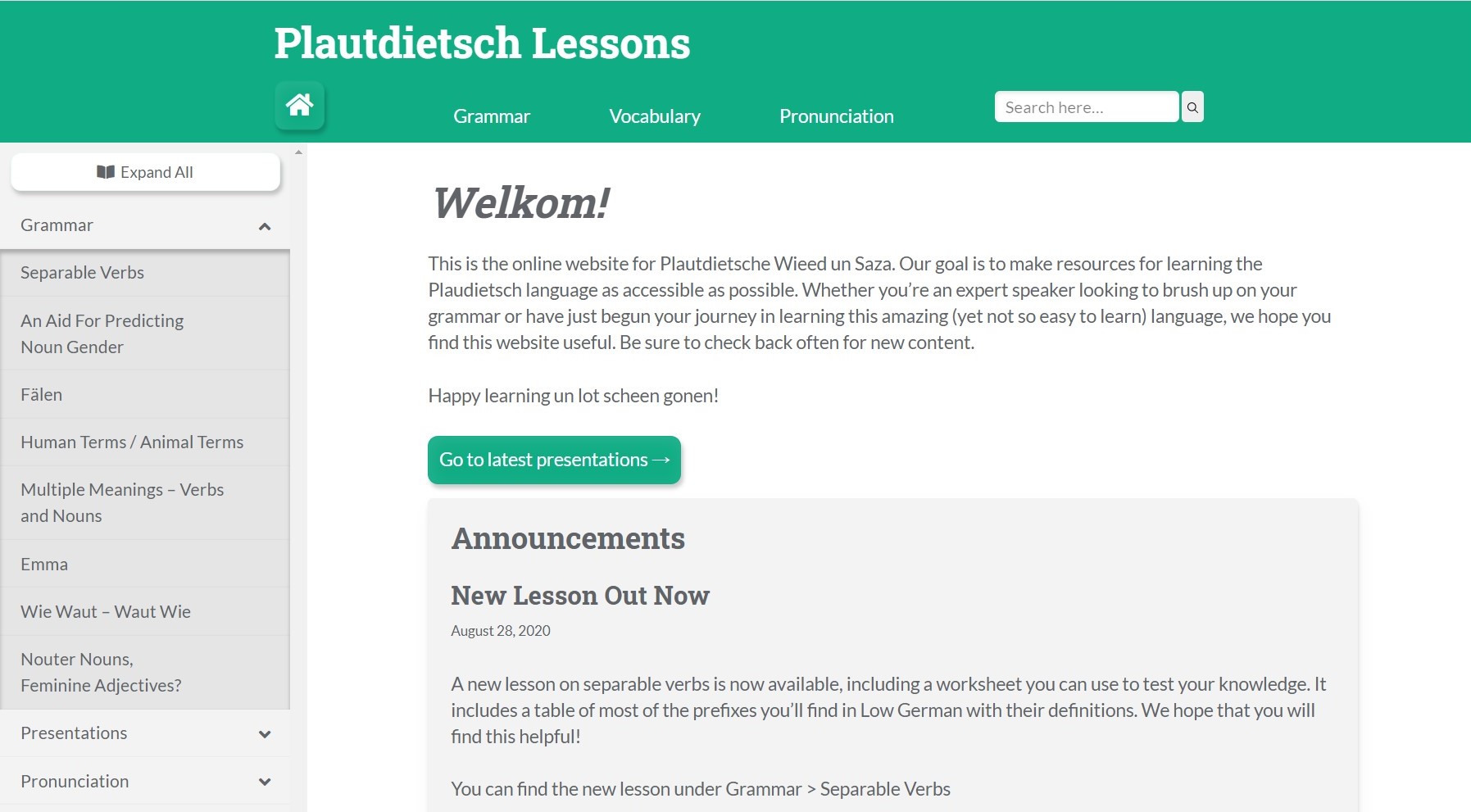 A page with lots of text. There is a prominent green header, a sidebar to the left, and a main section with a greeting for new visitors.